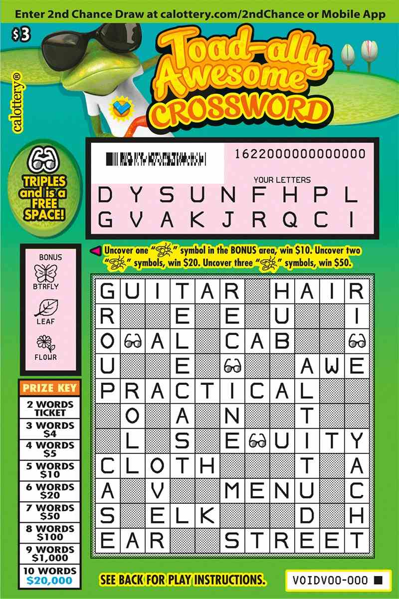 Toad-Ally Awesome Crossword scratchcard - game number #1622 - front-scratched