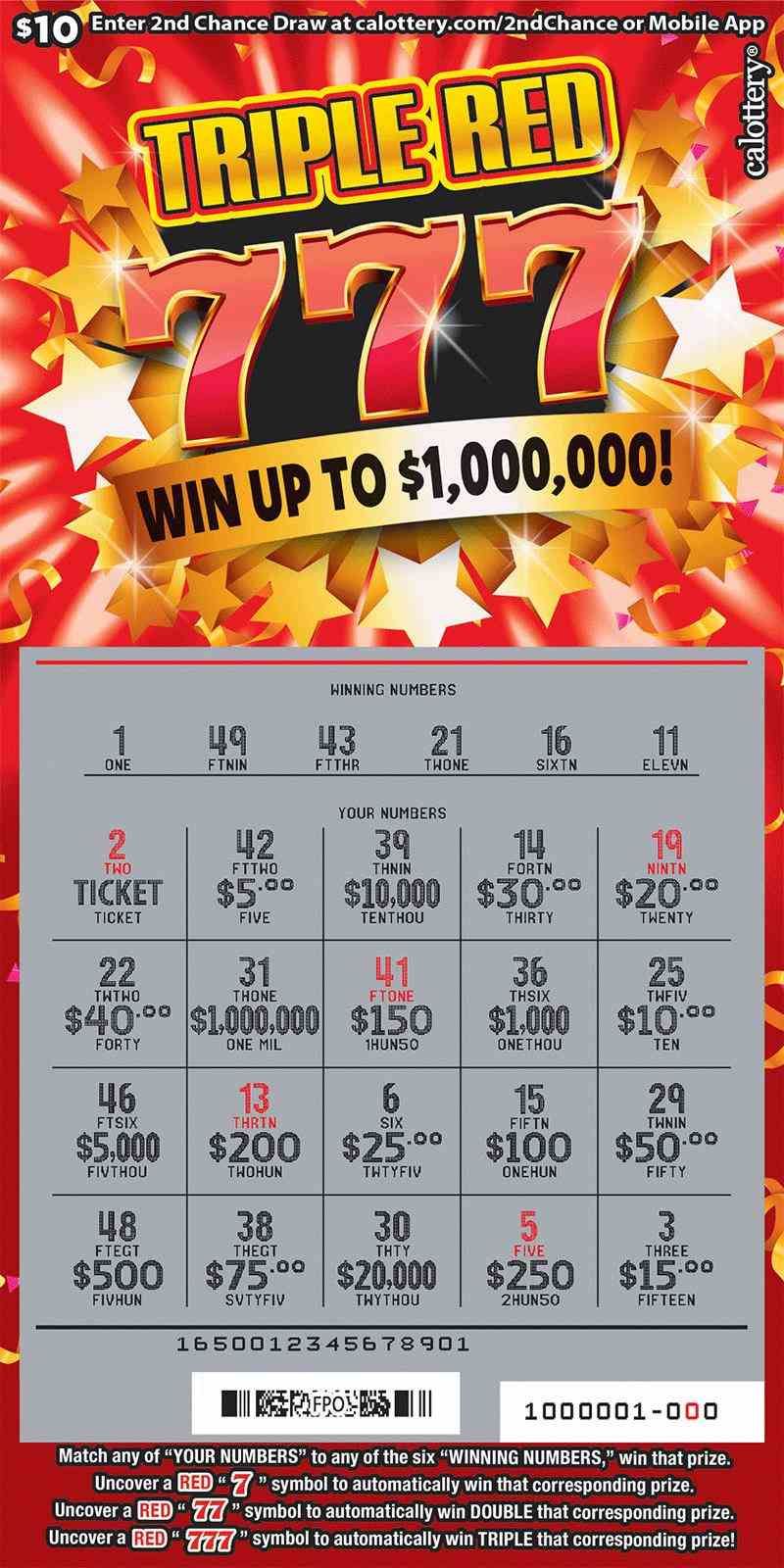 Triple Red 777 scratchcard - game number #1650 - front-scratched