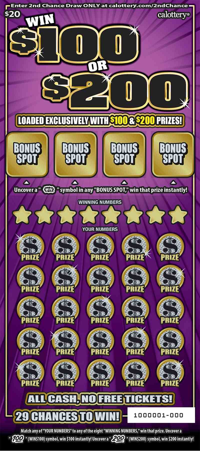 Win $100 Or $200 scratchcard - game number #1616 - front