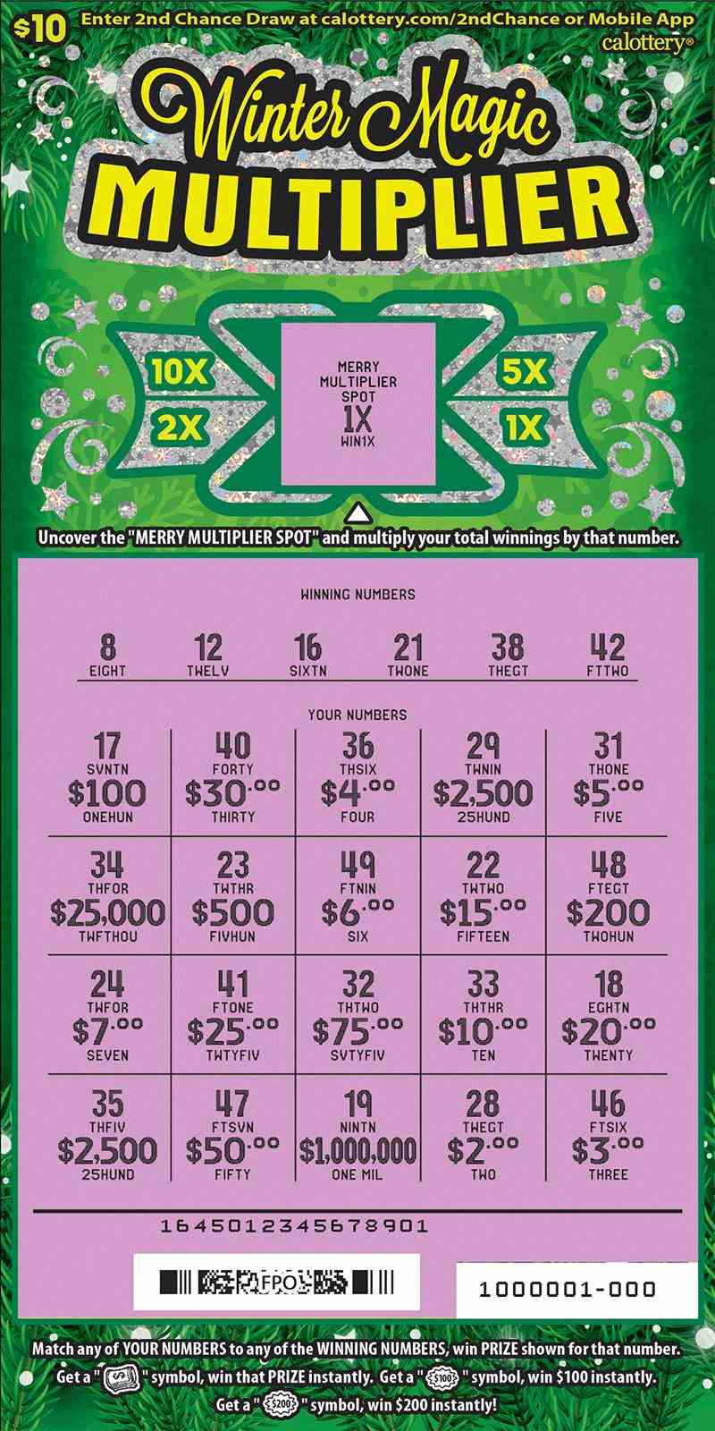 Winter Magic Multiplier scratchcard - game number #1645 - front-scratched