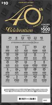 $10 40th Anniversary Celebration scratchcard - game number #275 - front-scratched