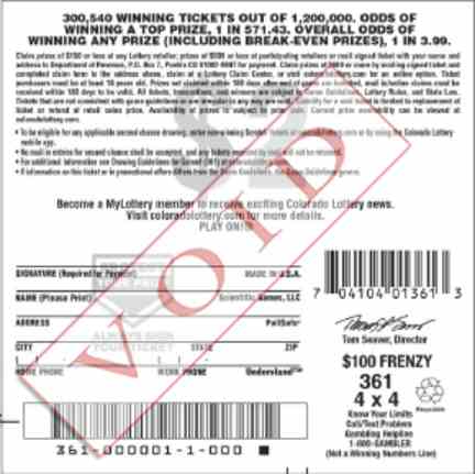 $100 Frenzy scratchcard - game number #2866 - back