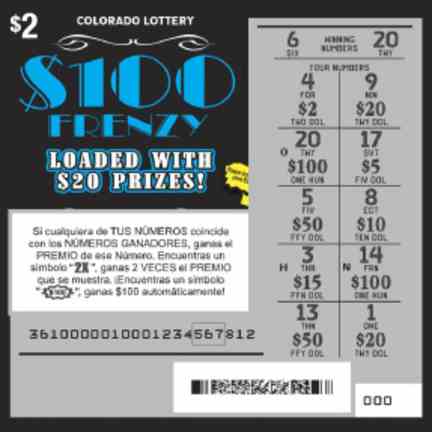 $100 Frenzy scratchcard - game number #2866 - front-scratched
