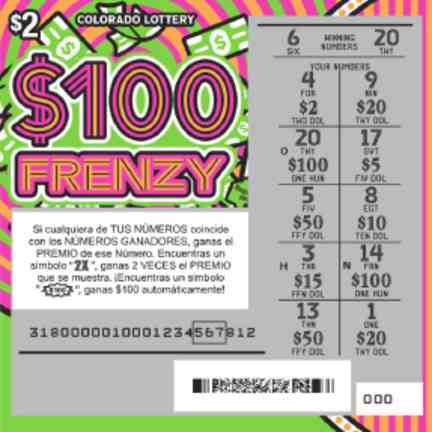 $100 Frenzy scratchcard - game number #318 - front-scratched