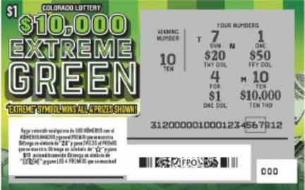 $10,000 Extreme Green scratchcard - game number #312 - front-scratched