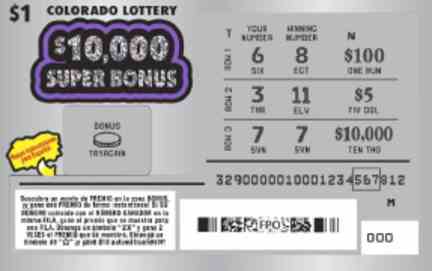 $10,000 Super Bonus scratchcard - game number #2833 - front-scratched