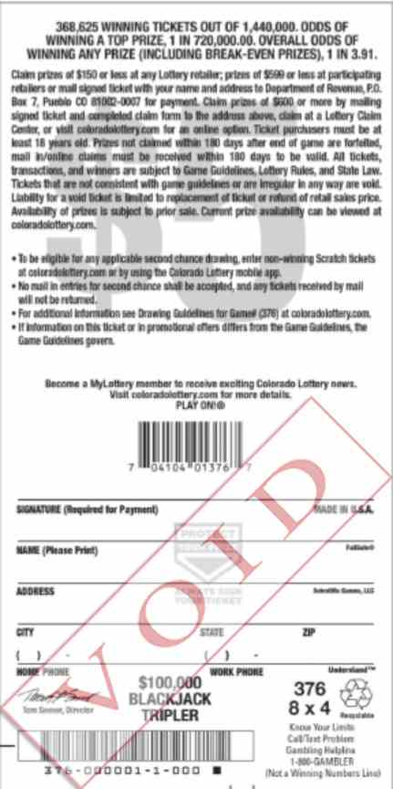 $100,000 Blackjack Tripler scratchcard - game number #2887 - back