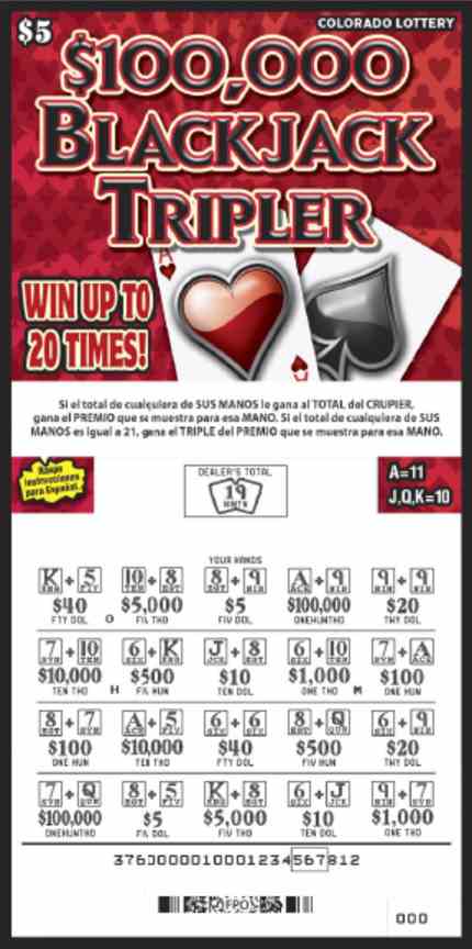 $100,000 Blackjack Tripler scratchcard - game number #2887 - front-scratched
