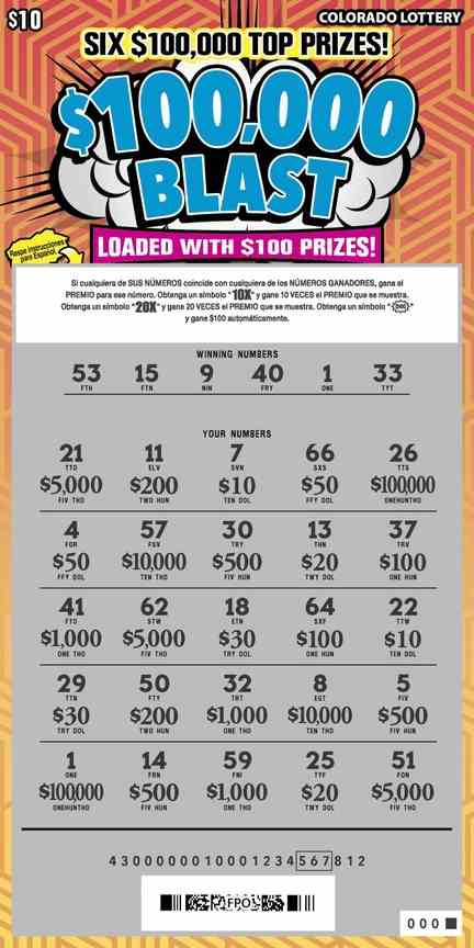 $100,000 Blast scratchcard - game number #2941 - front-scratched