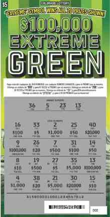 $100,000 Extreme Green scratchcard - game number #315 - front-scratched