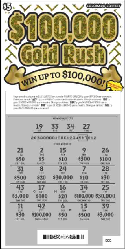 $100,000 Gold Rush scratchcard - game number #2778 - front-scratched