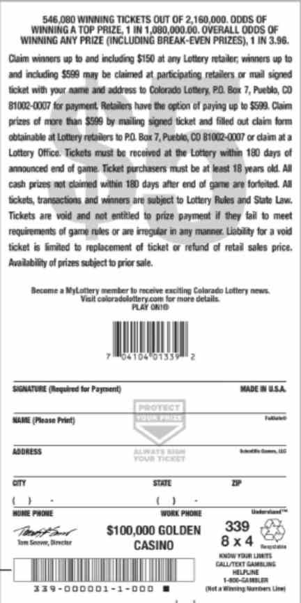 $100,000 Golden Casino scratchcard - game number #2843 - back