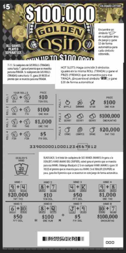 $100,000 Golden Casino scratchcard - game number #2843 - front-scratched