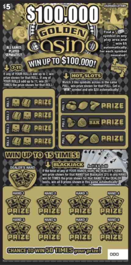 $100,000 Golden Casino scratchcard - game number #2843 - front