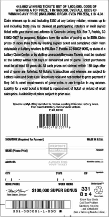 $100,000 Super Bonus scratchcard - game number #2835 - back