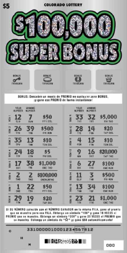 $100,000 Super Bonus scratchcard - game number #2835 - front-scratched