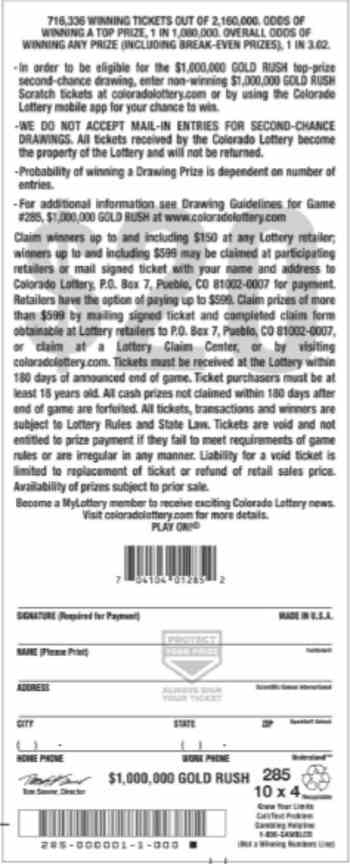 $1,000,000 Gold Rush scratchcard - game number #2780 - back