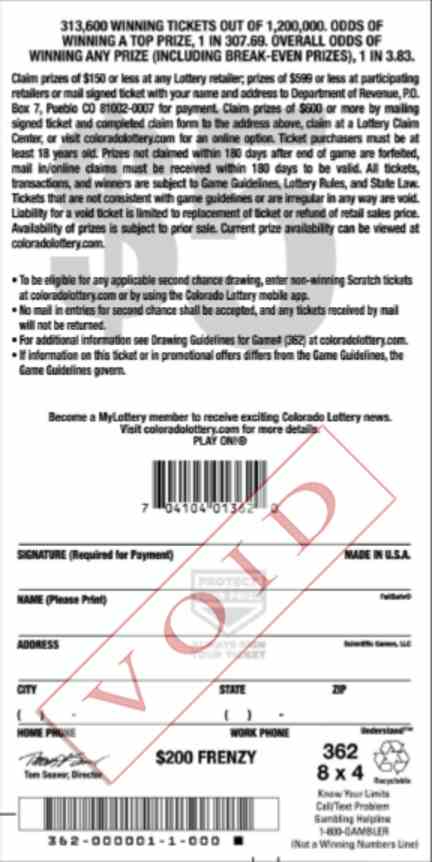 $200 Frenzy scratchcard - game number #2867 - back