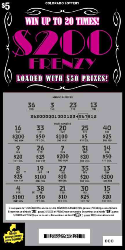 $200 Frenzy scratchcard - game number #2867 - front-scratched