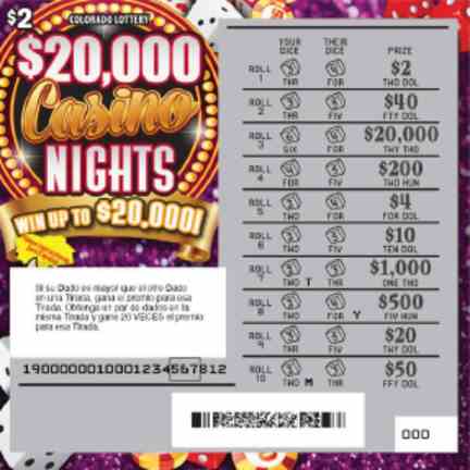 $20,000 Casino Nights scratchcard - game number #190 - front-scratched