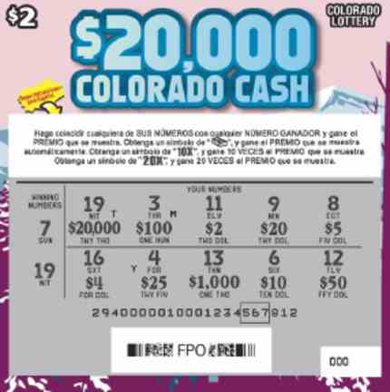 $20,000 Colorado Cash scratchcard - game number #294 - front-scratched