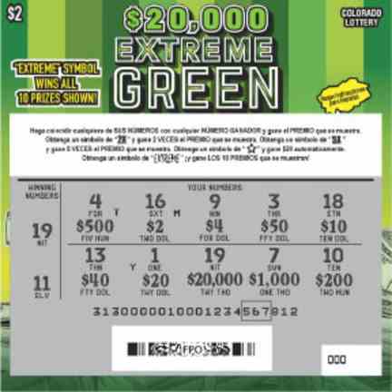 $20,000 Extreme Green scratchcard - game number #313 - front-scratched