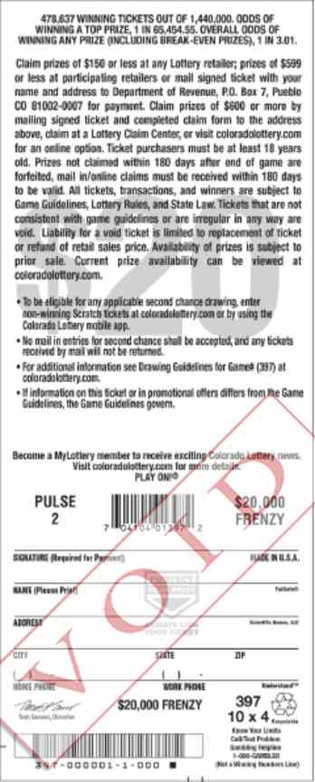 $20,000 Frenzy scratchcard - game number #2900 - back