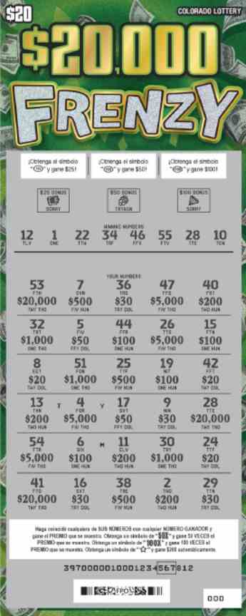 $20,000 Frenzy scratchcard - game number #2900 - front-scratched