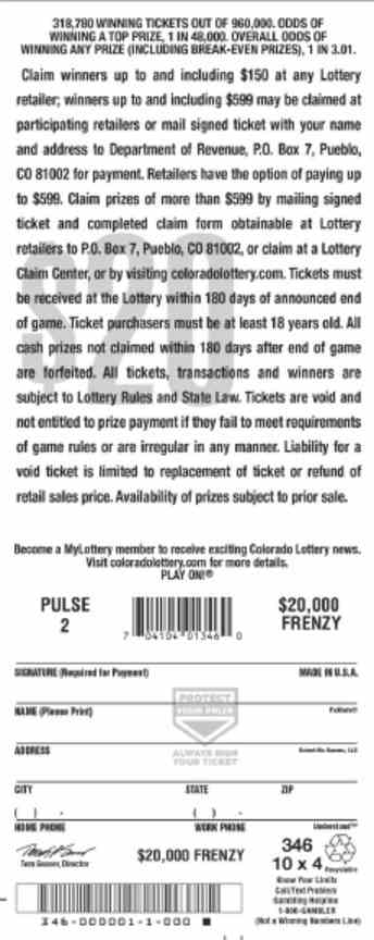 $20,000 Frenzy scratchcard - game number #346 - back