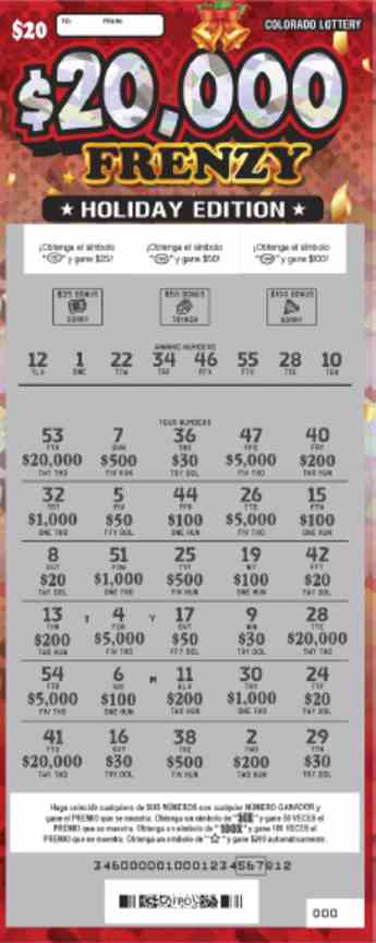 $20,000 Frenzy Holiday Edition scratchcard - game number #2852 - front-scratched