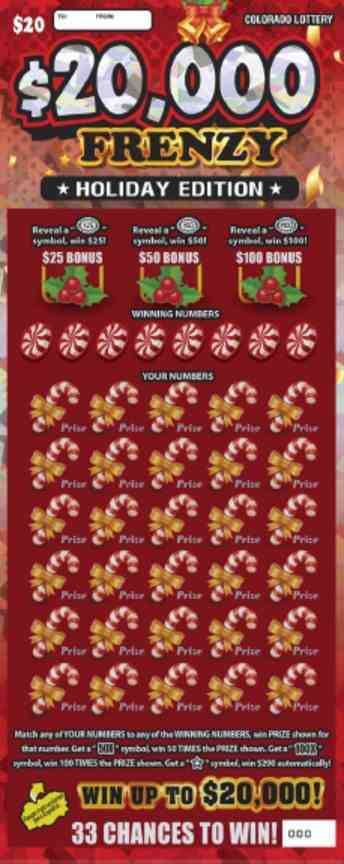 $20,000 Frenzy Holiday Edition scratchcard - game number #2852 - front