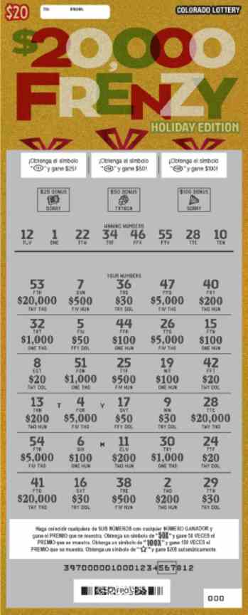 $20,000 Frenzy Holiday Edition scratchcard - game number #2899 - front-scratched