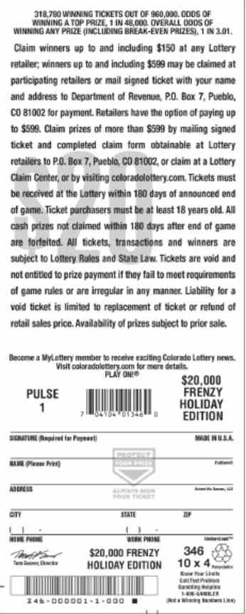 $20,000 Frenzy Holiday Edition scratchcard - game number #346 - front-scratched