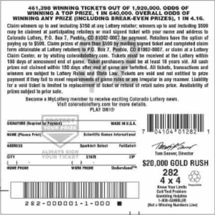 $20,000 Gold Rush scratchcard - game number #2777 - back