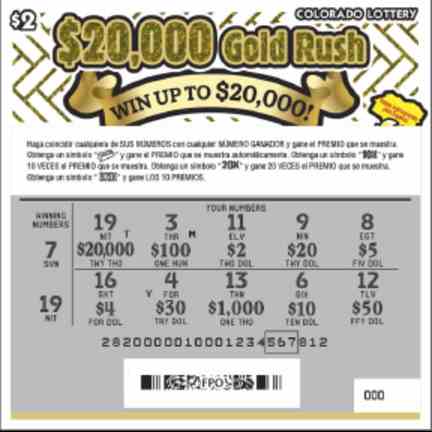 $20,000 Gold Rush scratchcard - game number #282 - front-scratched