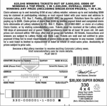 $20,000 Super Bonus scratchcard - game number #2834 - back