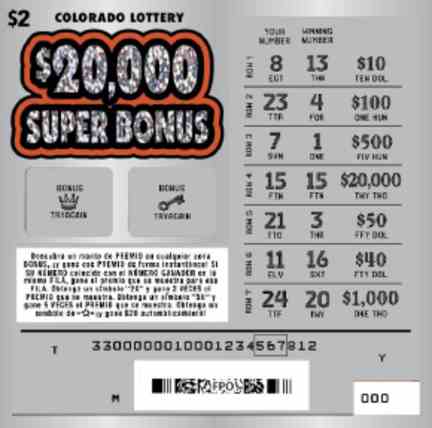 $20,000 Super Bonus scratchcard - game number #2834 - front-scratched