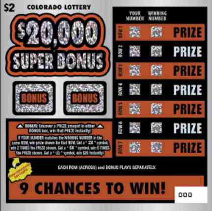$20,000 Super Bonus scratchcard - game number #2834 - front