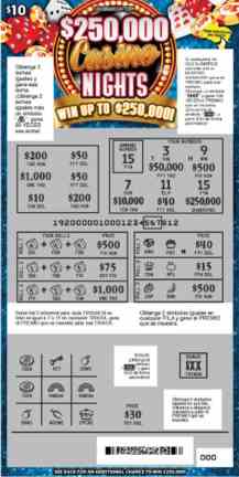 $250,000 Casino Nights scratchcard - game number #192 - front-scratched