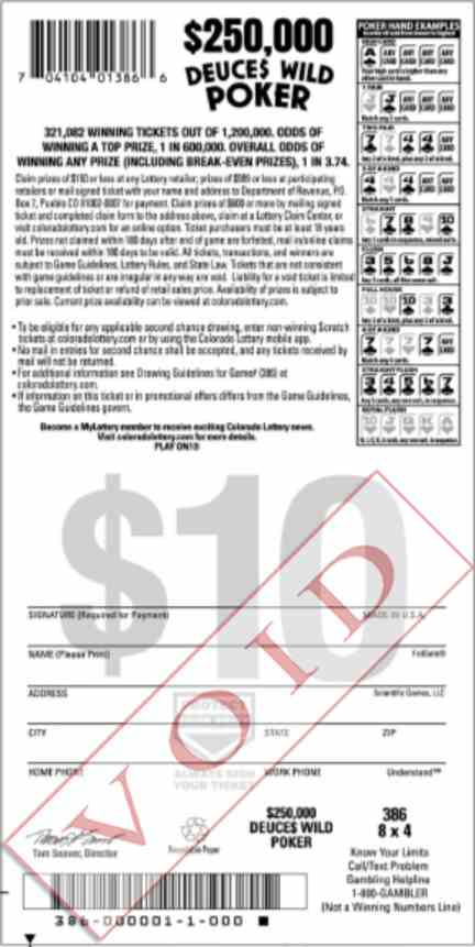 $250,000 Deuce$ Wild Poker scratchcard - game number #386 - back