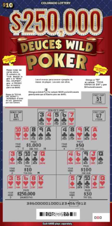 $250,000 Deuce$ Wild Poker scratchcard - game number #386 - front-scratched