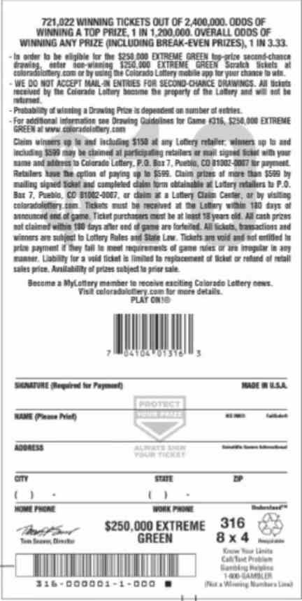$250,000 Extreme Green scratchcard - game number #2798 - back