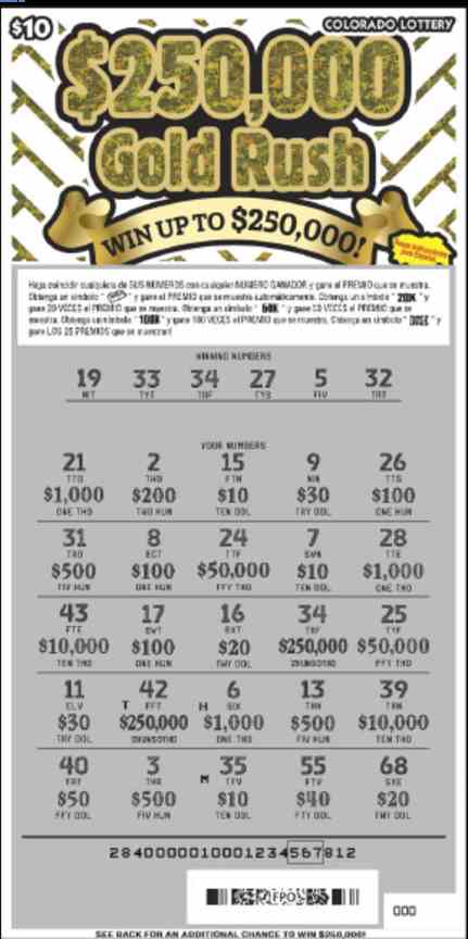 $250,000 Gold Rush scratchcard - game number #2779 - front-scratched