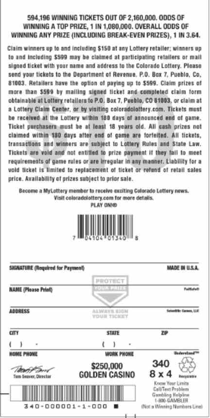 $250,000 Golden Casino scratchcard - game number #2842 - back