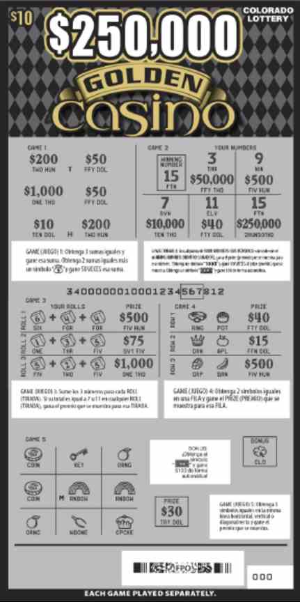 $250,000 Golden Casino scratchcard - game number #340 - front-scratched