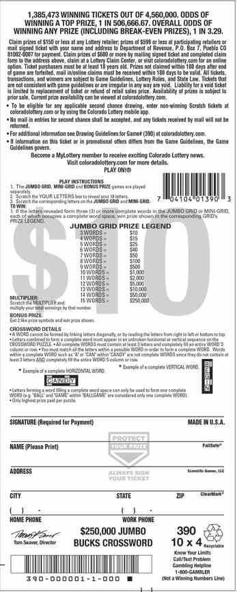 $250,000 Jumbo Bucks Crossword scratchcard - game number #2911 - back