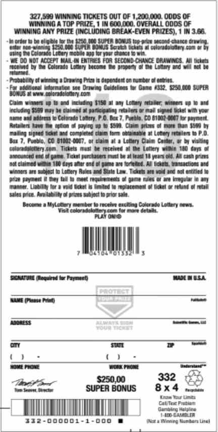 $250,000 Super Bonus scratchcard - game number #2836 - back