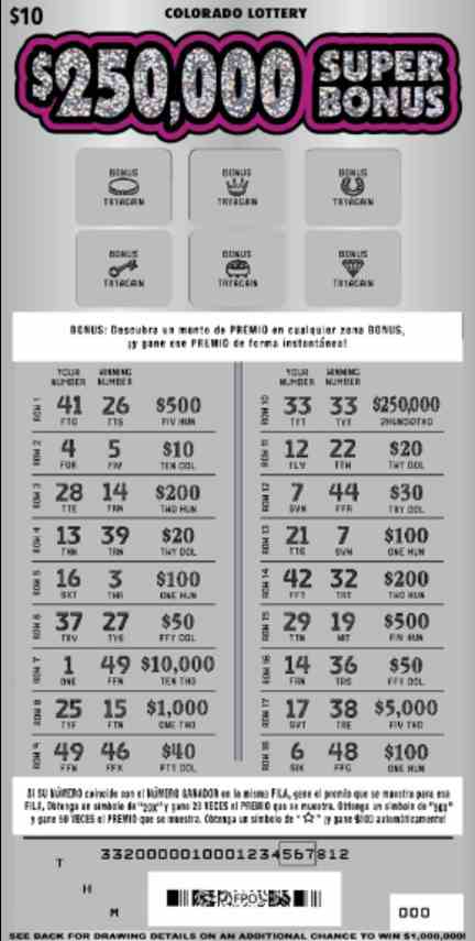 $250,000 Super Bonus scratchcard - game number #2836 - front-scratched