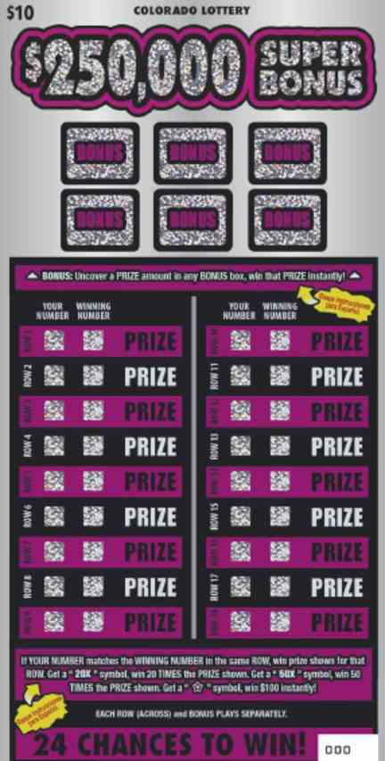 $250,000 Super Bonus scratchcard - game number #2836 - front