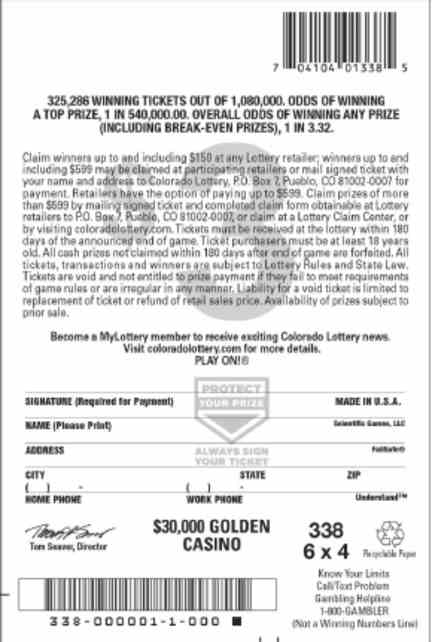 $30,000 Golden Casino scratchcard - game number #2844 - back